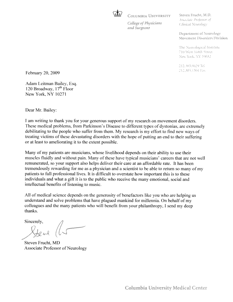 Recognition From the Associate Professor of Neurology at Columbia University