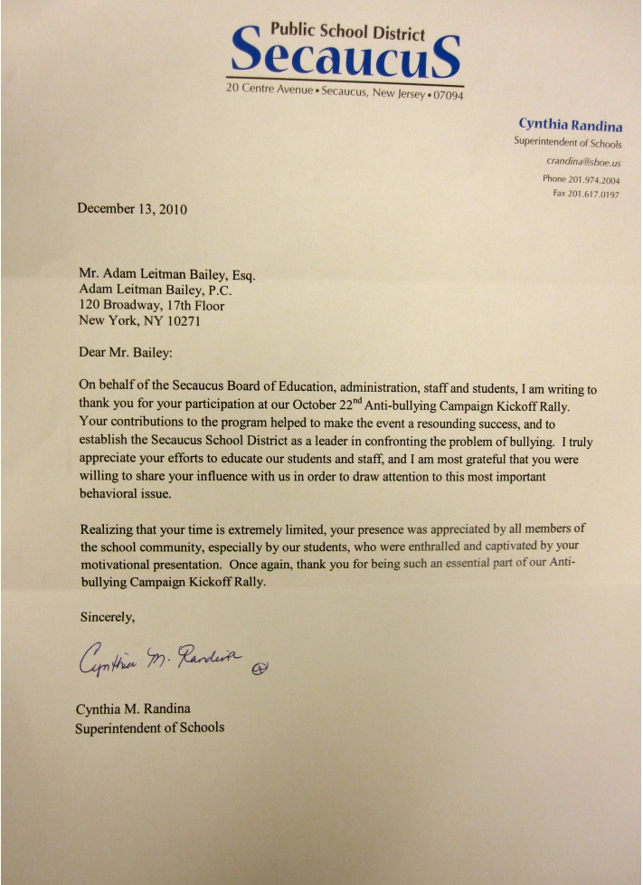 Thank you letter to Adam Leitman Bailey from Cynthia M. Randina,