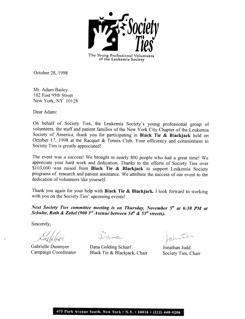 Thank you letter from Leukemia Society to Adam Leitman Bailey