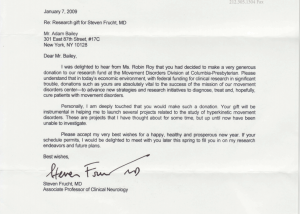 Thank-you-letter-from-Steven-Frucht-MD-for-funding-Project-to-Defeat-Neurological-Disorders-at-Columbia-Presbyterian