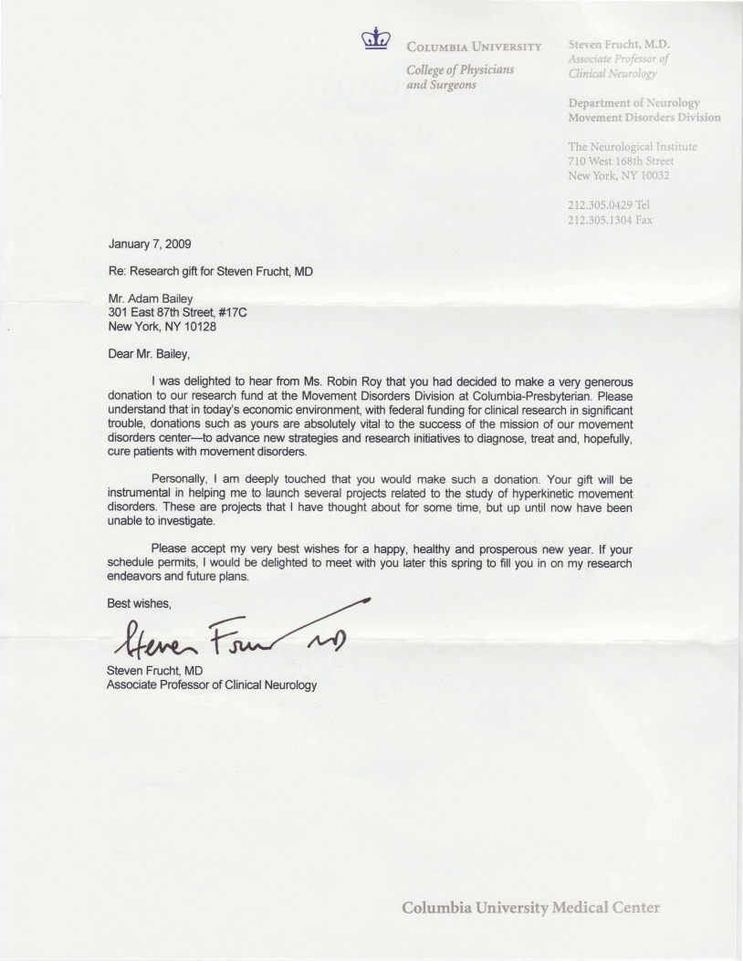 Thank-you-letter-from-Steven-Frucht-MD-for-funding-Project-to-Defeat-Neurological-Disorders-at-Columbia-Presbyterian